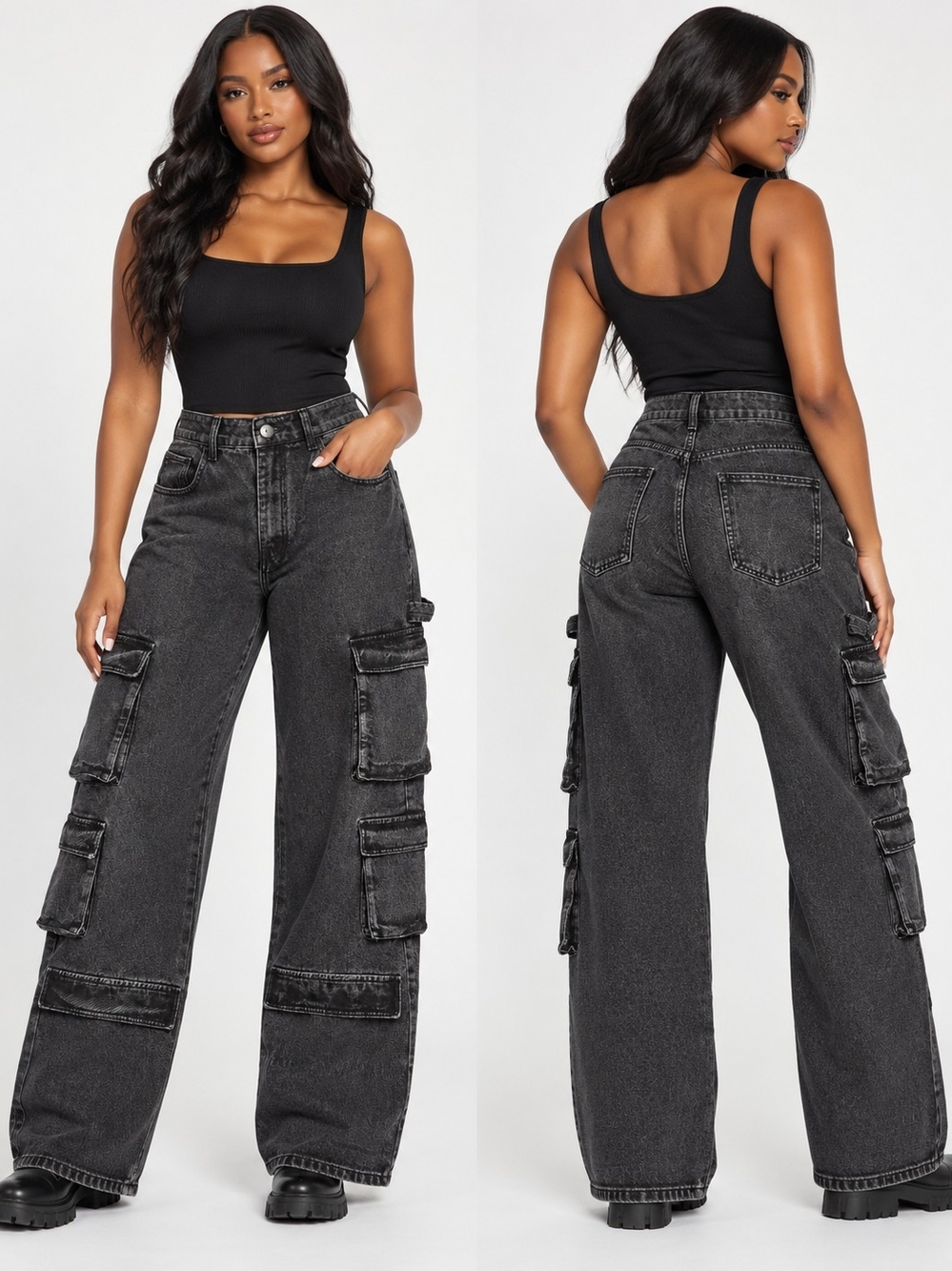 Monokrom Washed Black Cargo Jeans US 8 Wide Leg High Rise Y2K Utility